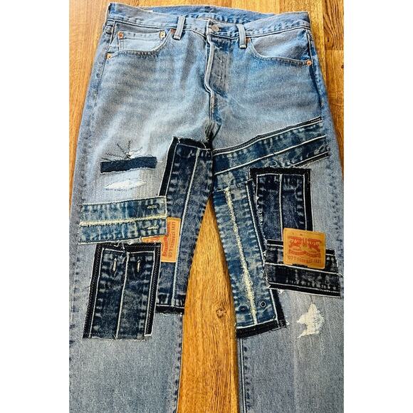 NWOT Levi’s 501 Orig Fit Jeans Distressed Patchwork Streetwear Cotton Blue 32x32 - Picture 6 of 8
